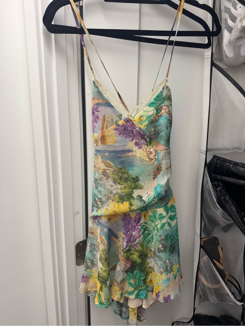 Floral Slip Mini Dress with Lace Trim - Multicolor